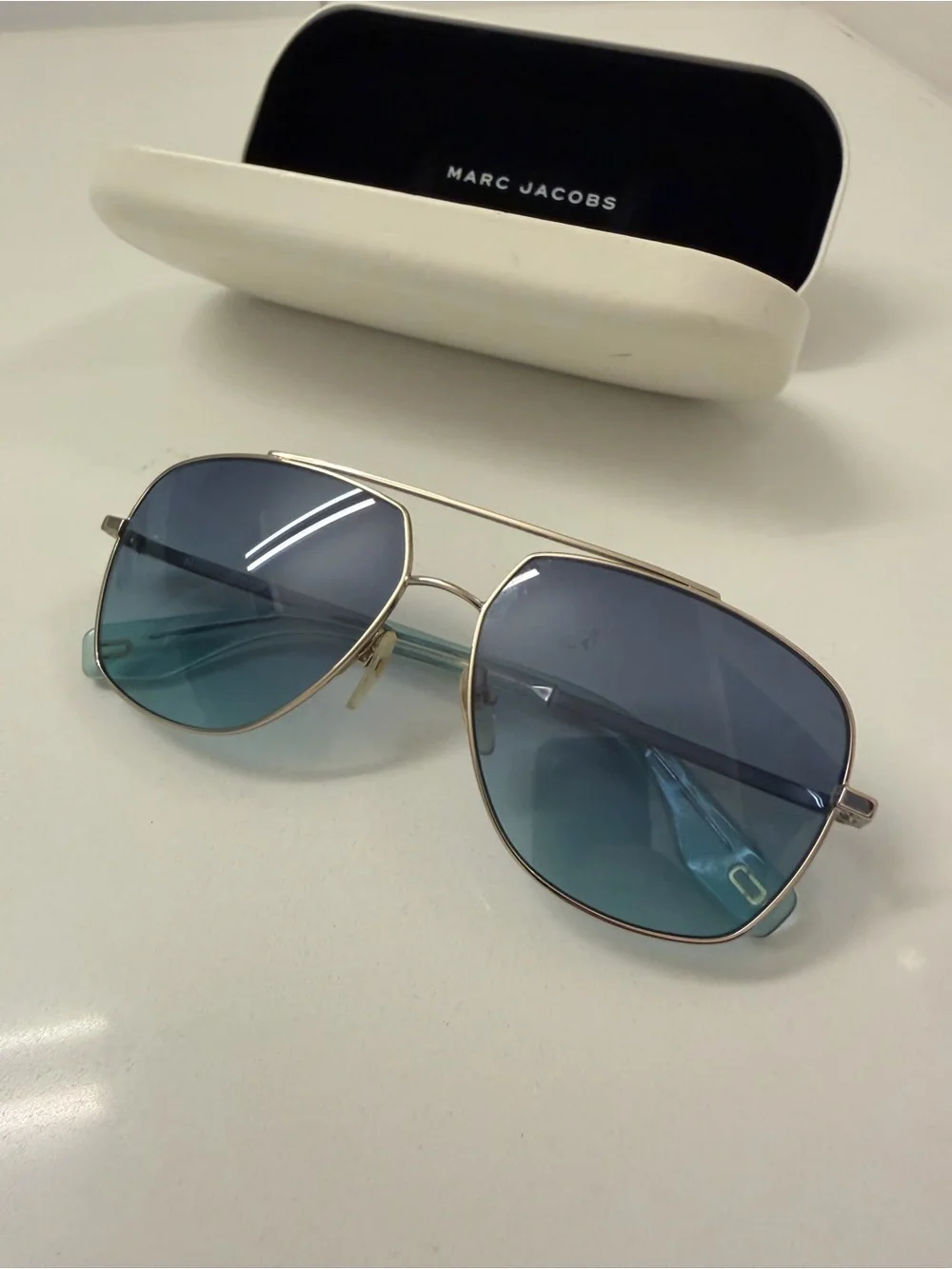Marc Jacobs Gold Frame Sunglasses with Blue-Green Gradient Lenses